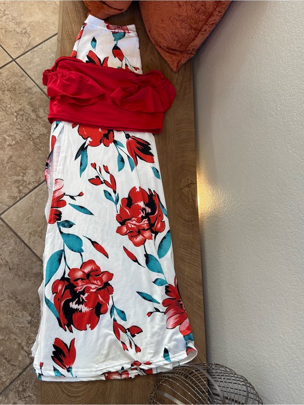 Red Floral Maxi Skirt w/High Slits/Off Shoulder top. Thin fabric-Never Worn